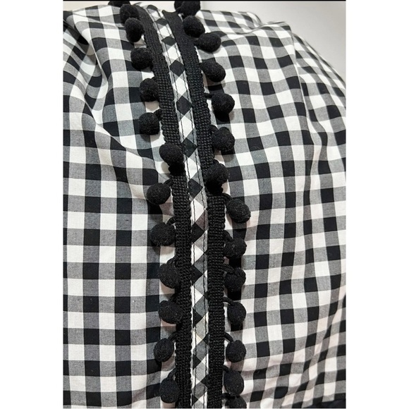 Cupio Womens Sz M Black White Gingham Pom Fringe Peplum Bell Sleeve Blouse Top - Picture 3 of 7